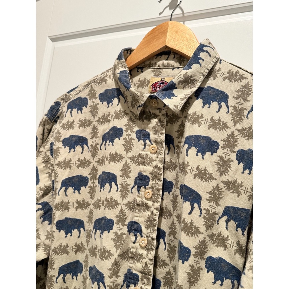 Vintage 90s Barn Fly Buffalo Print Button Front Shirt Large Western USA Cotton